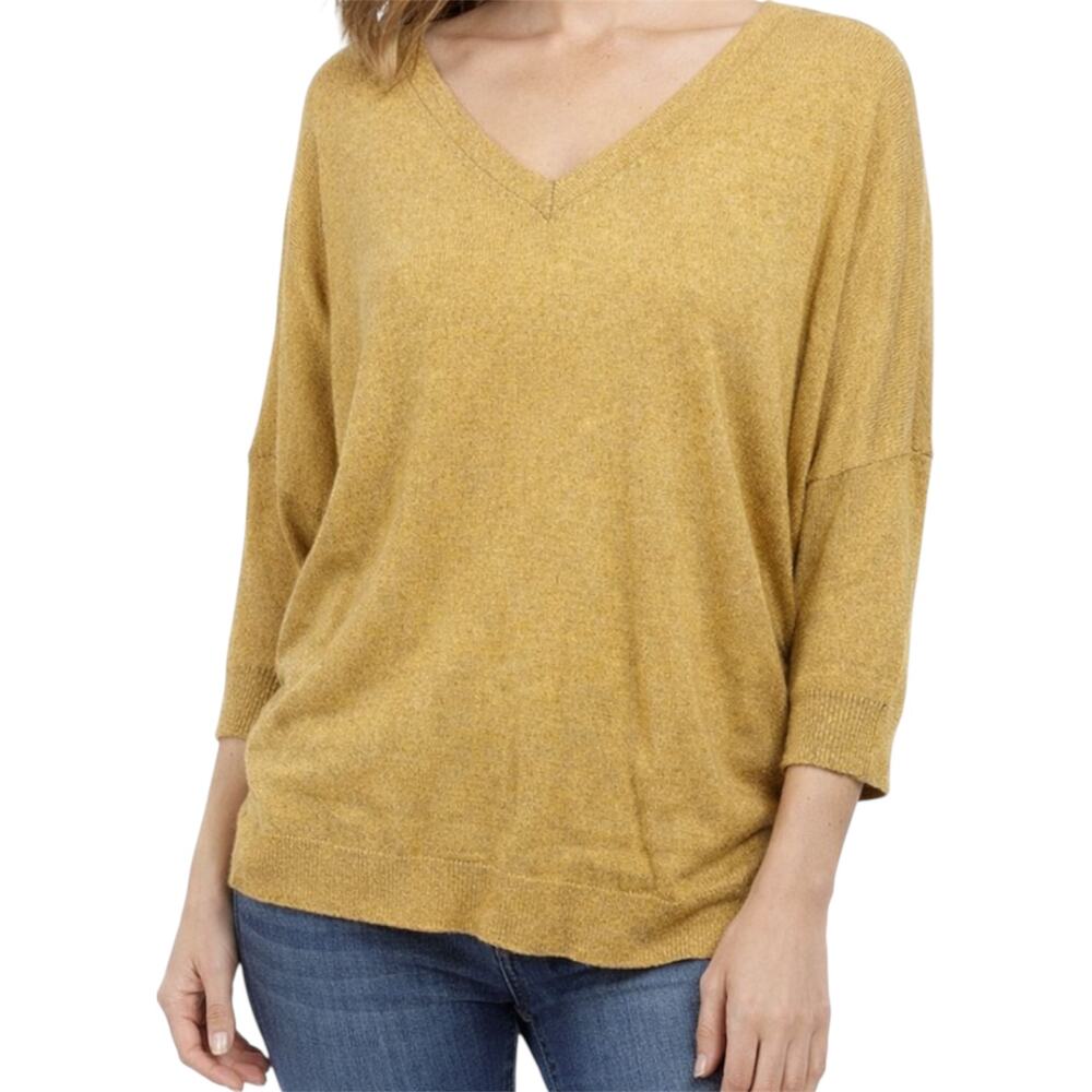 Eileen Fisher V Neck Long Sleeve Top Dolman Sleeve Ribbed Trim Linen Yellow S
